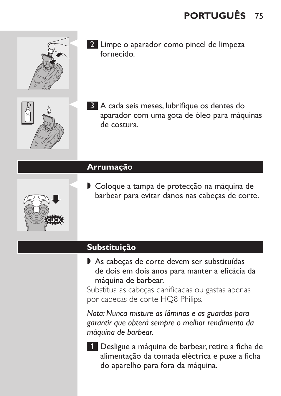 Arrumação, Substituição | Philips Afeitadora eléctrica User Manual | Page 73 / 88