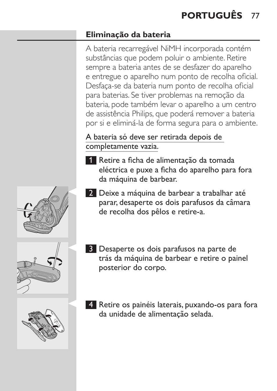 Eliminação da bateria | Philips Afeitadora eléctrica User Manual | Page 75 / 88