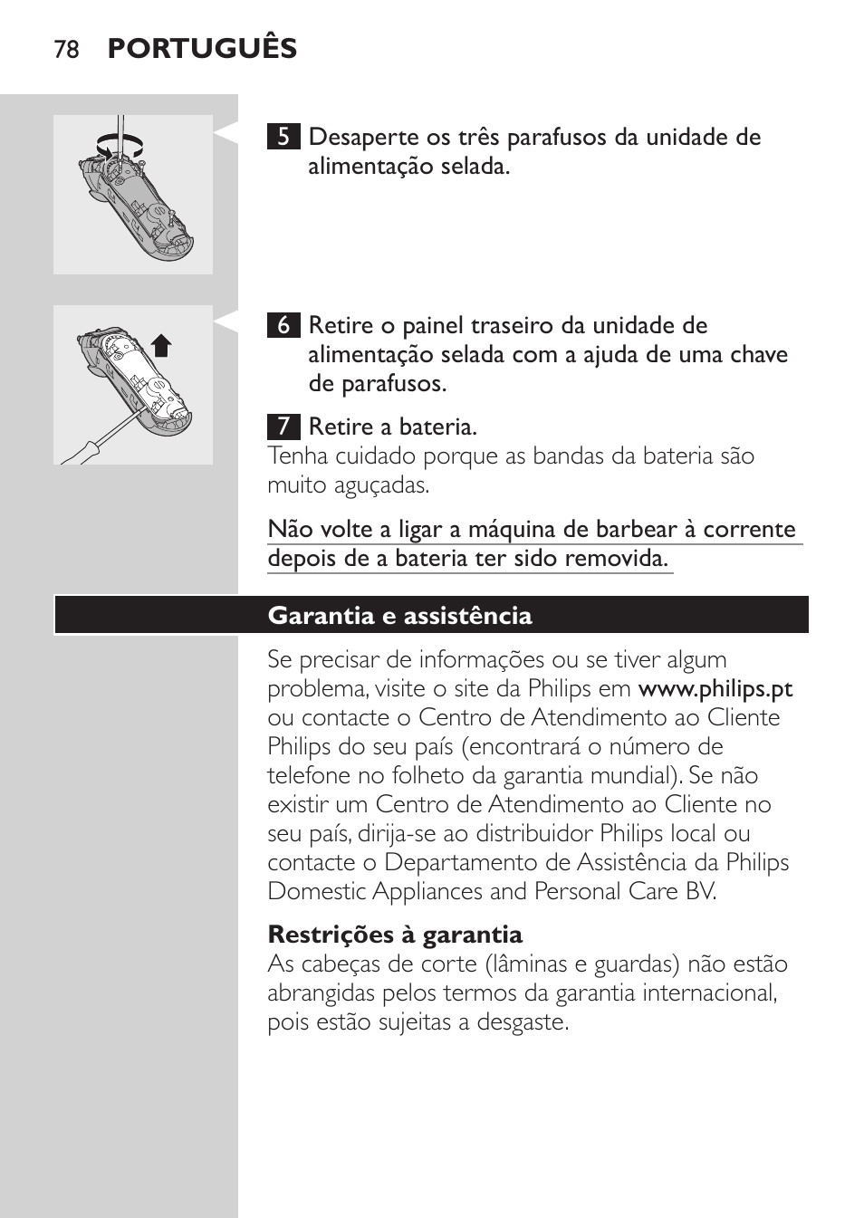 Restrições à garantia, Garantia e assistência, Resolução de problemas | Philips Afeitadora eléctrica User Manual | Page 76 / 88