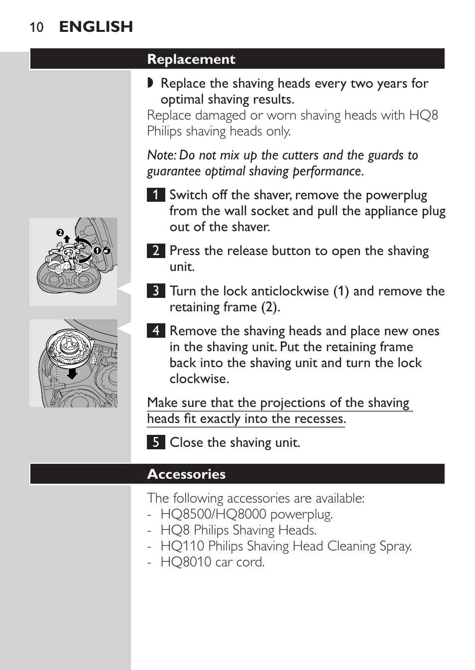 Replacement, Accessories | Philips Afeitadora eléctrica User Manual | Page 8 / 88