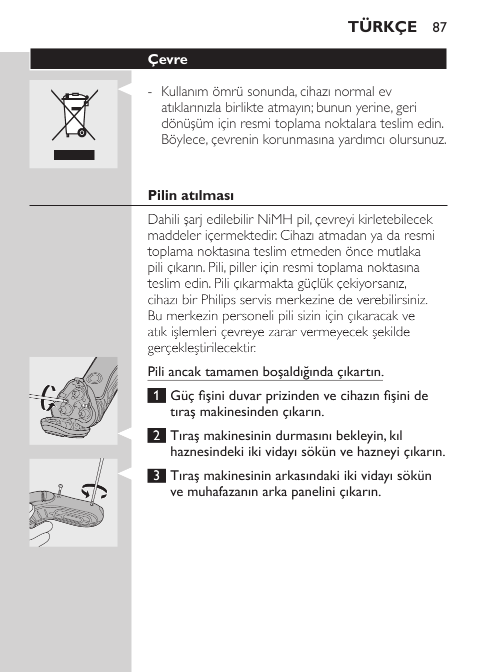 Çevre, Pilin atılması | Philips Afeitadora eléctrica User Manual | Page 85 / 88