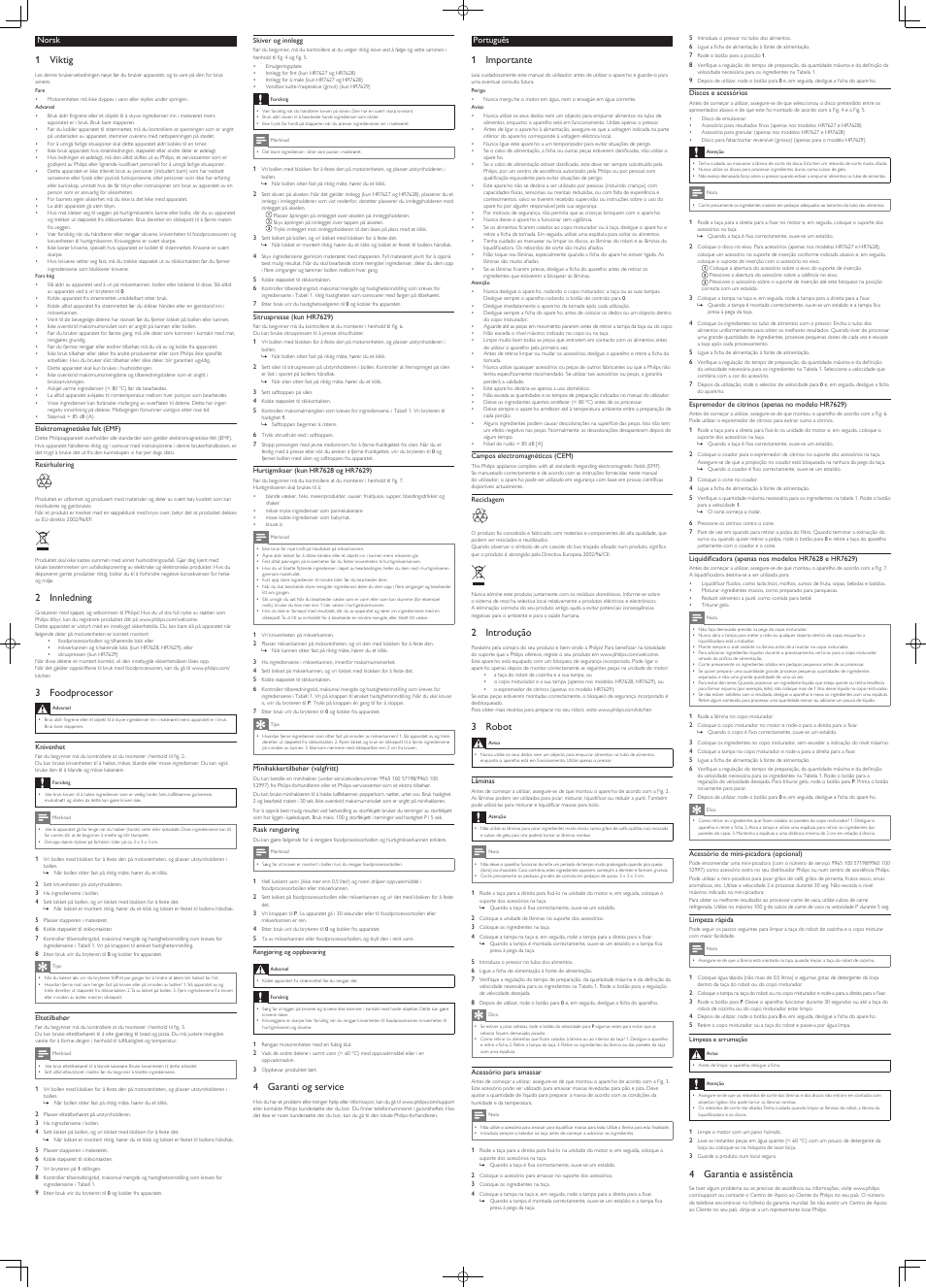 4 garanti og service, 1 viktig, 2 innledning | 3 foodprocessor, 4 garantia e assistência, 1 importante, 2 introdução, 3 robot, Norsk, Português | Philips Daily Collection Robot de cocina User Manual | Page 6 / 8