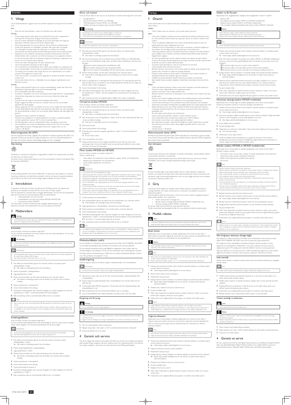 4 garanti och service, 1 viktigt, 2 introduktion | 3 matberedare, 4 garanti ve servis, 1 önemli, 2 giriş, 3 mutfak robotu, Svenska, Türkçe | Philips Daily Collection Robot de cocina User Manual | Page 7 / 8