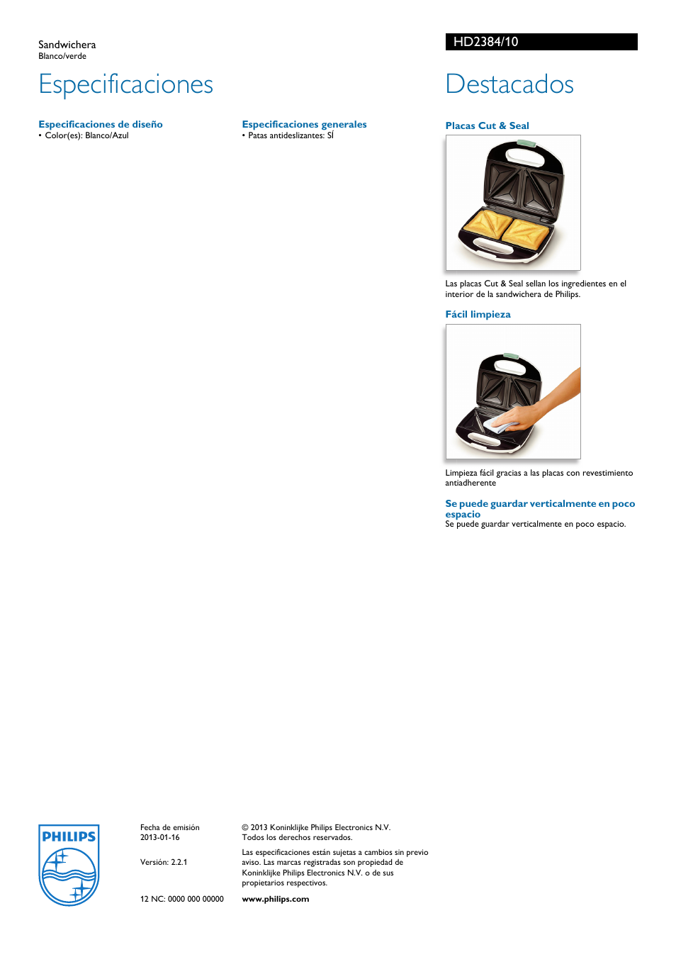 Especificaciones, Destacados | Philips Daily Collection Sandwichera User Manual | Page 2 / 2