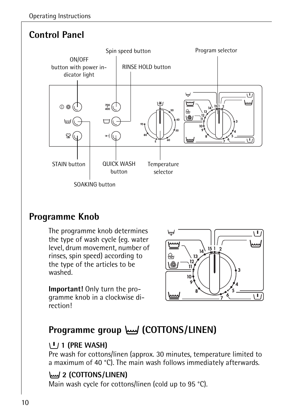 Control panel programme knob, Programme group t (cottons/linen) | AEG LAVAMAT W 730 User Manual | Page 10 / 52