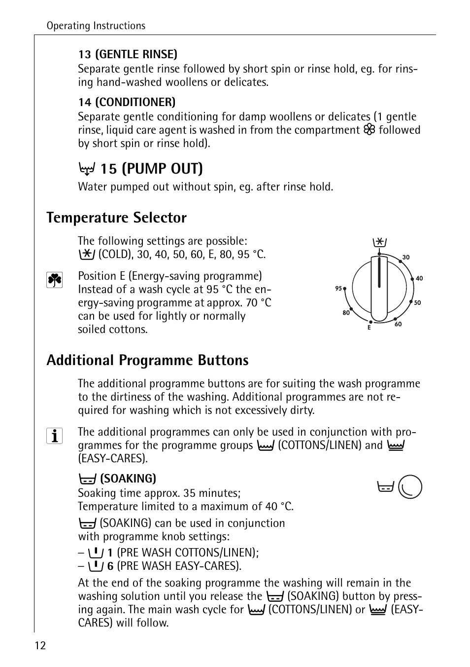 V 15 (pump out), Temperature selector, Additional programme buttons | AEG LAVAMAT W 730 User Manual | Page 12 / 52