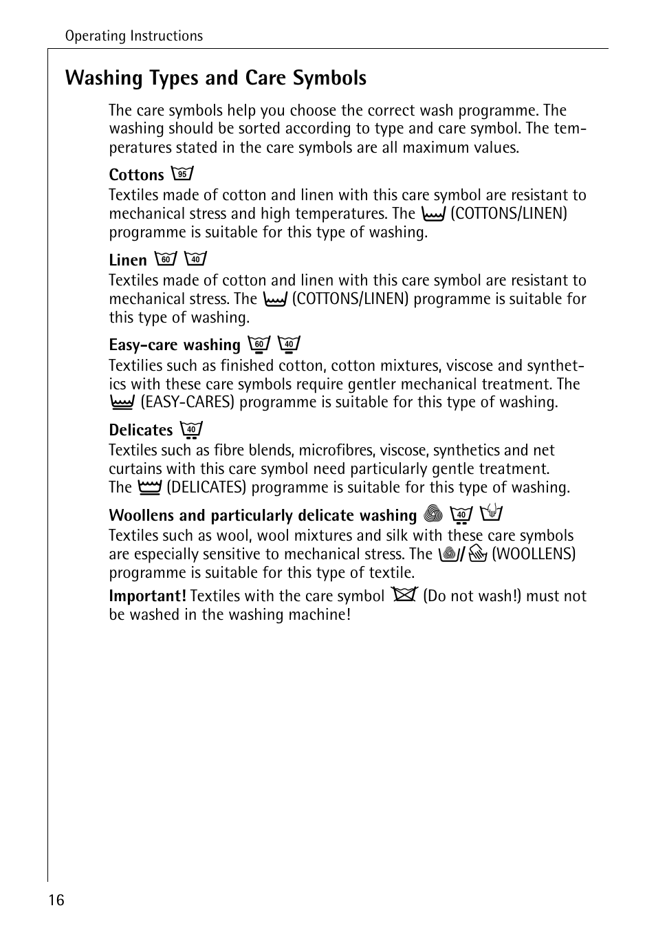 Washing types and care symbols | AEG LAVAMAT W 730 User Manual | Page 16 / 52