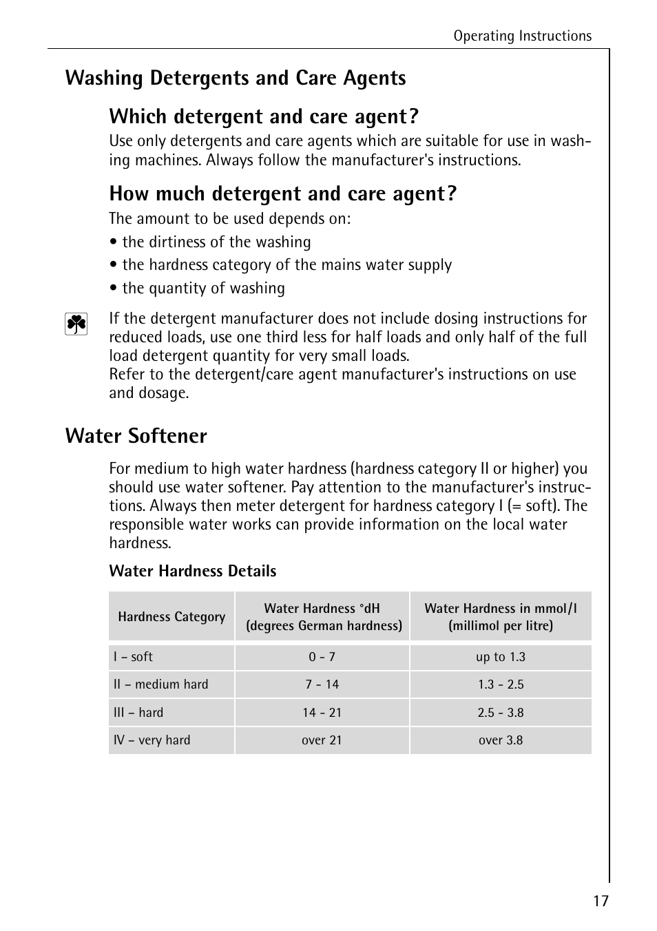 How much detergent and care agent, Water softener | AEG LAVAMAT W 730 User Manual | Page 17 / 52