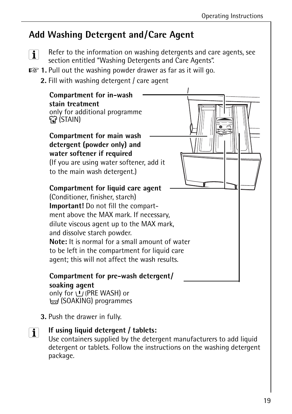 Add washing detergent and/care agent | AEG LAVAMAT W 730 User Manual | Page 19 / 52