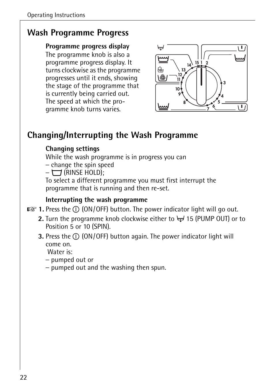 Wash programme progress, Changing/interrupting the wash programme | AEG LAVAMAT W 730 User Manual | Page 22 / 52