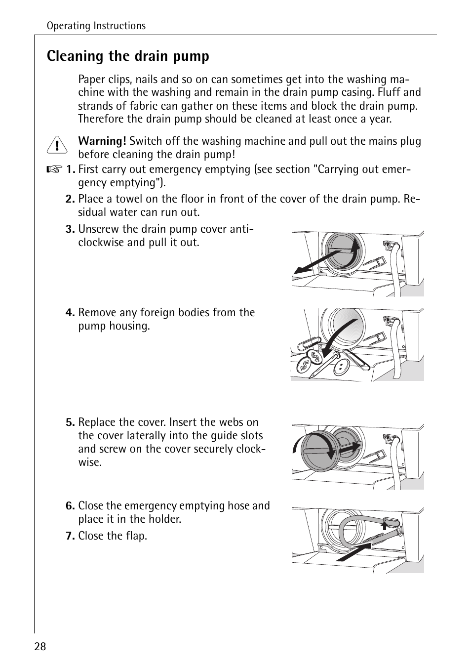 Cleaning the drain pump | AEG LAVAMAT W 730 User Manual | Page 28 / 52