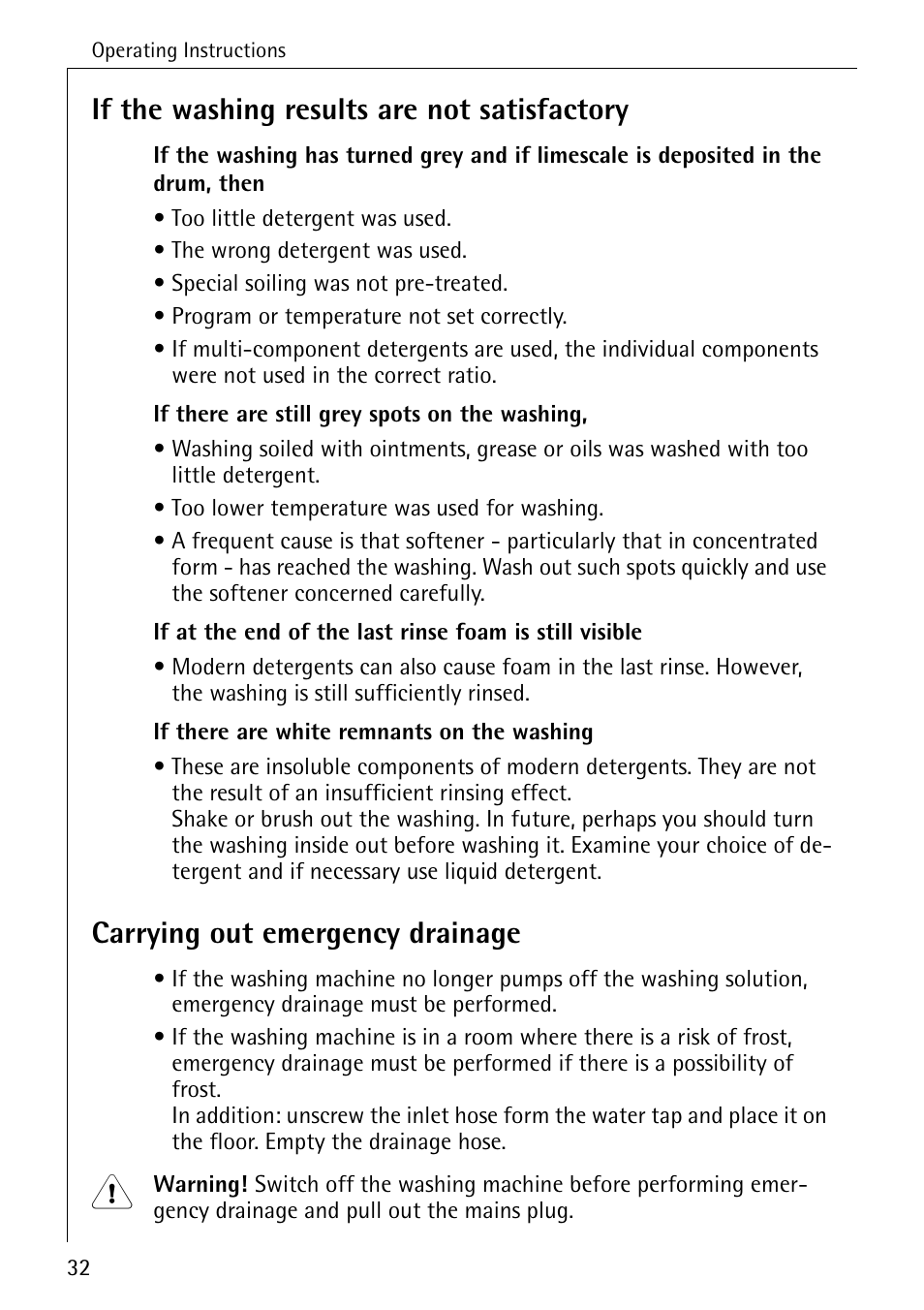 If the washing results are not satisfactory, Carrying out emergency drainage | AEG LAVAMAT W 730 User Manual | Page 32 / 52