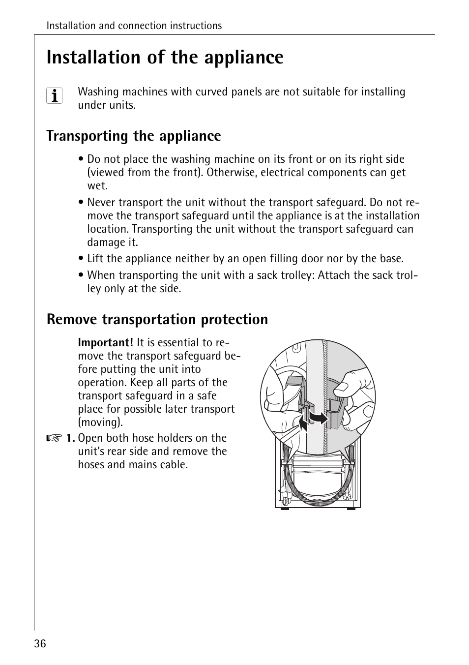 Installation of the appliance, Transporting the appliance, Remove transportation protection | AEG LAVAMAT W 730 User Manual | Page 36 / 52