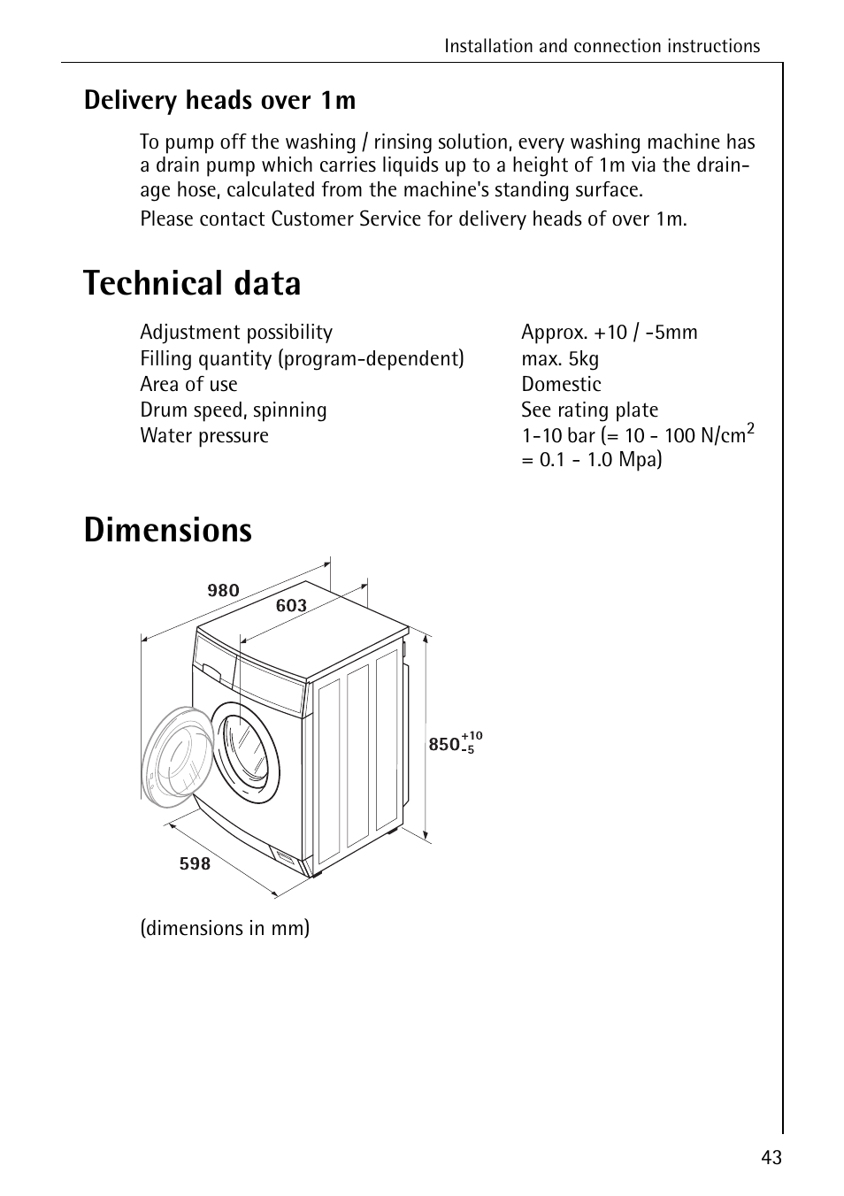Technical data dimensions, Delivery heads over 1m | AEG LAVAMAT W 730 User Manual | Page 43 / 52
