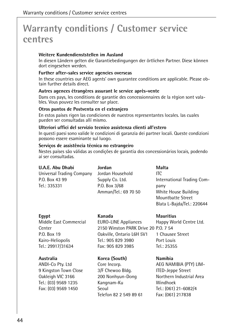 Warranty conditions / customer service centres | AEG LAVAMAT W 730 User Manual | Page 44 / 52