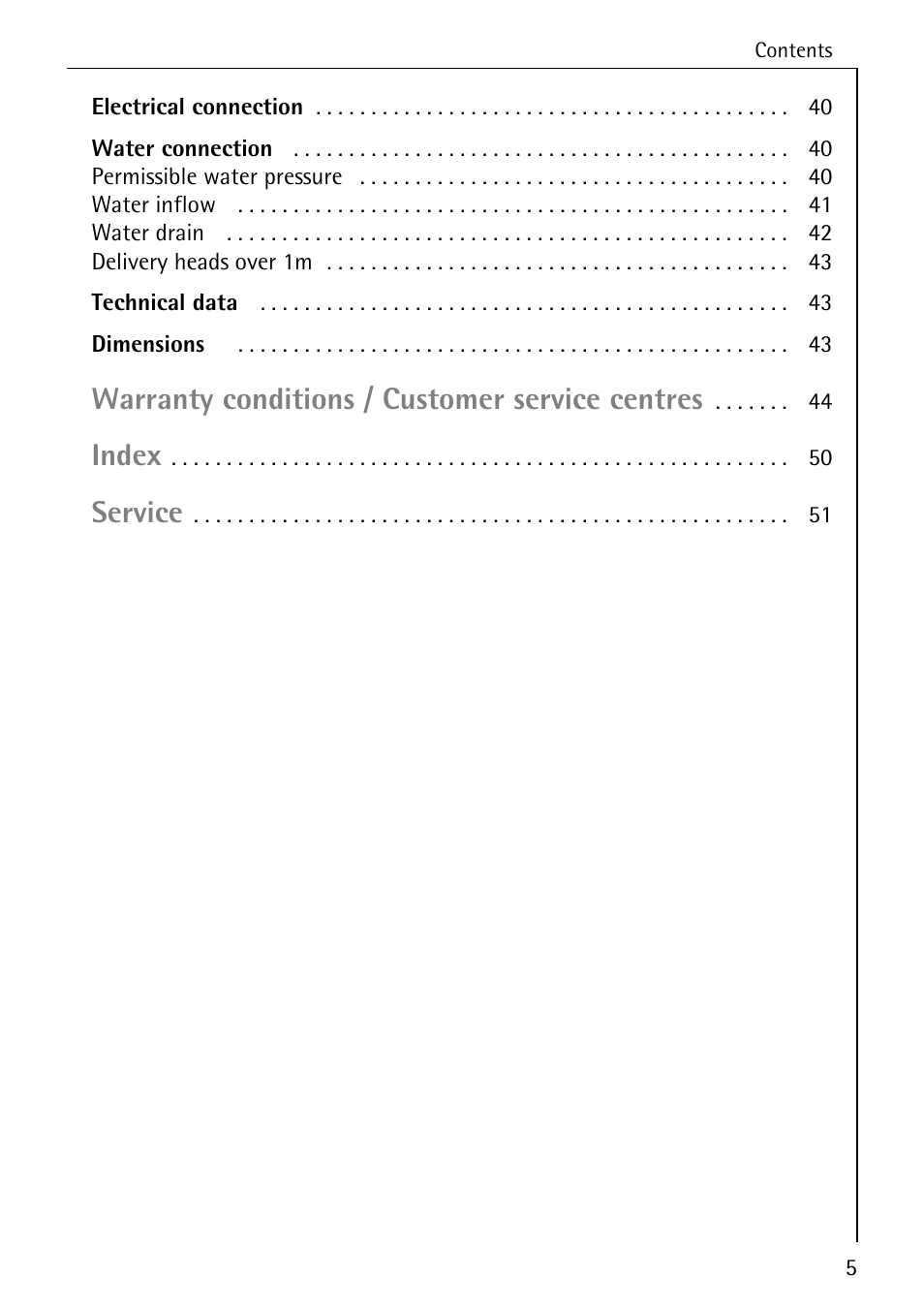 Warranty conditions / customer service centres, Index, Service | AEG LAVAMAT W 730 User Manual | Page 5 / 52