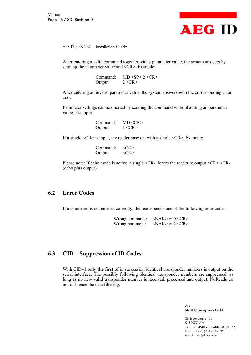 2 error codes, 3 cid – suppression of id codes | AEG COMPACT READER ARE I2 User Manual | Page 16 / 33