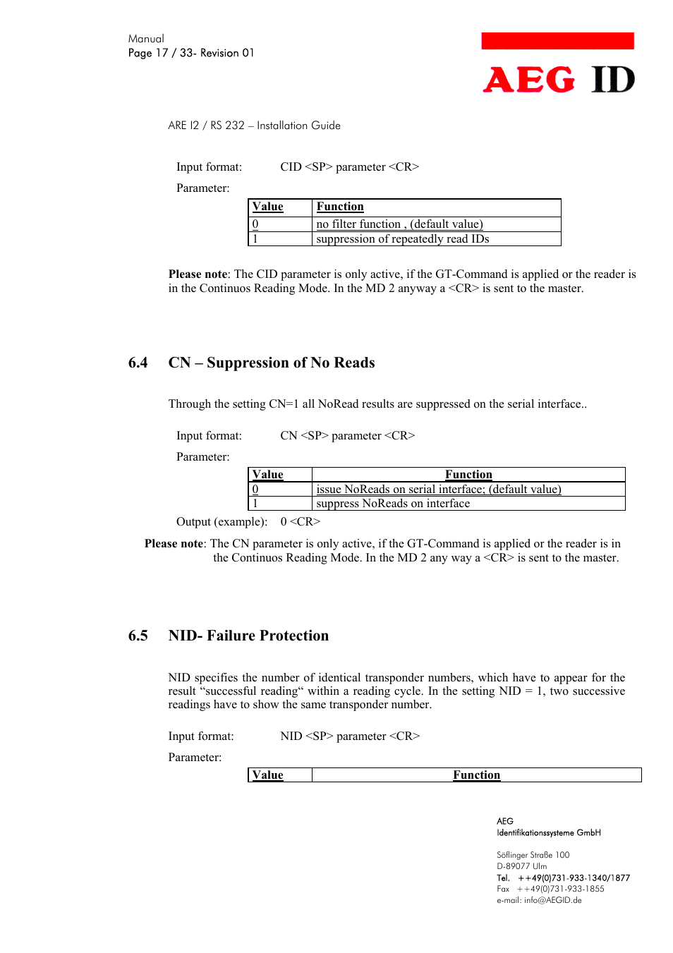 4 cn – suppression of no reads, 5 nid- failure protection | AEG COMPACT READER ARE I2 User Manual | Page 17 / 33