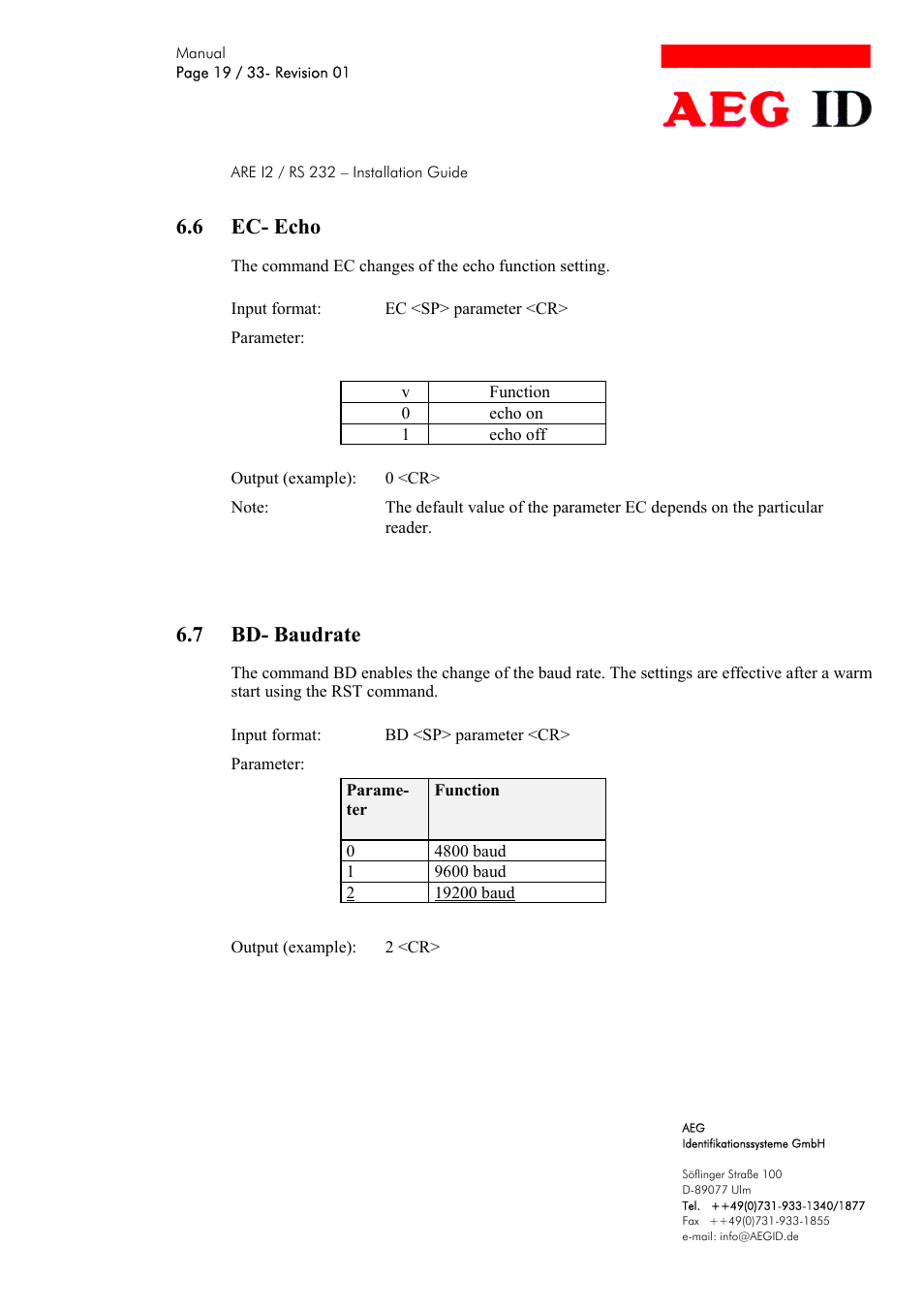 6 ec- echo, 7 bd- baudrate | AEG COMPACT READER ARE I2 User Manual | Page 19 / 33