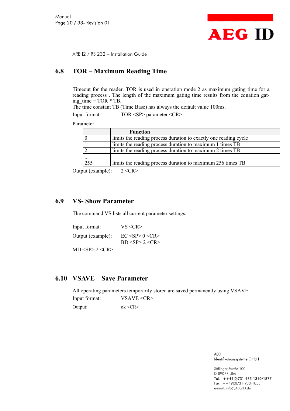 8 tor – maximum reading time, 9 vs- show parameter, 10 vsave – save parameter | AEG COMPACT READER ARE I2 User Manual | Page 20 / 33