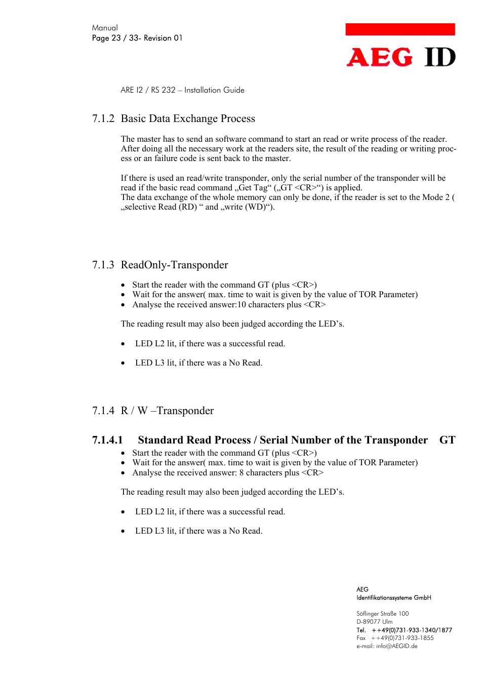 2 basic data exchange process, 3 readonly-transponder | AEG COMPACT READER ARE I2 User Manual | Page 23 / 33