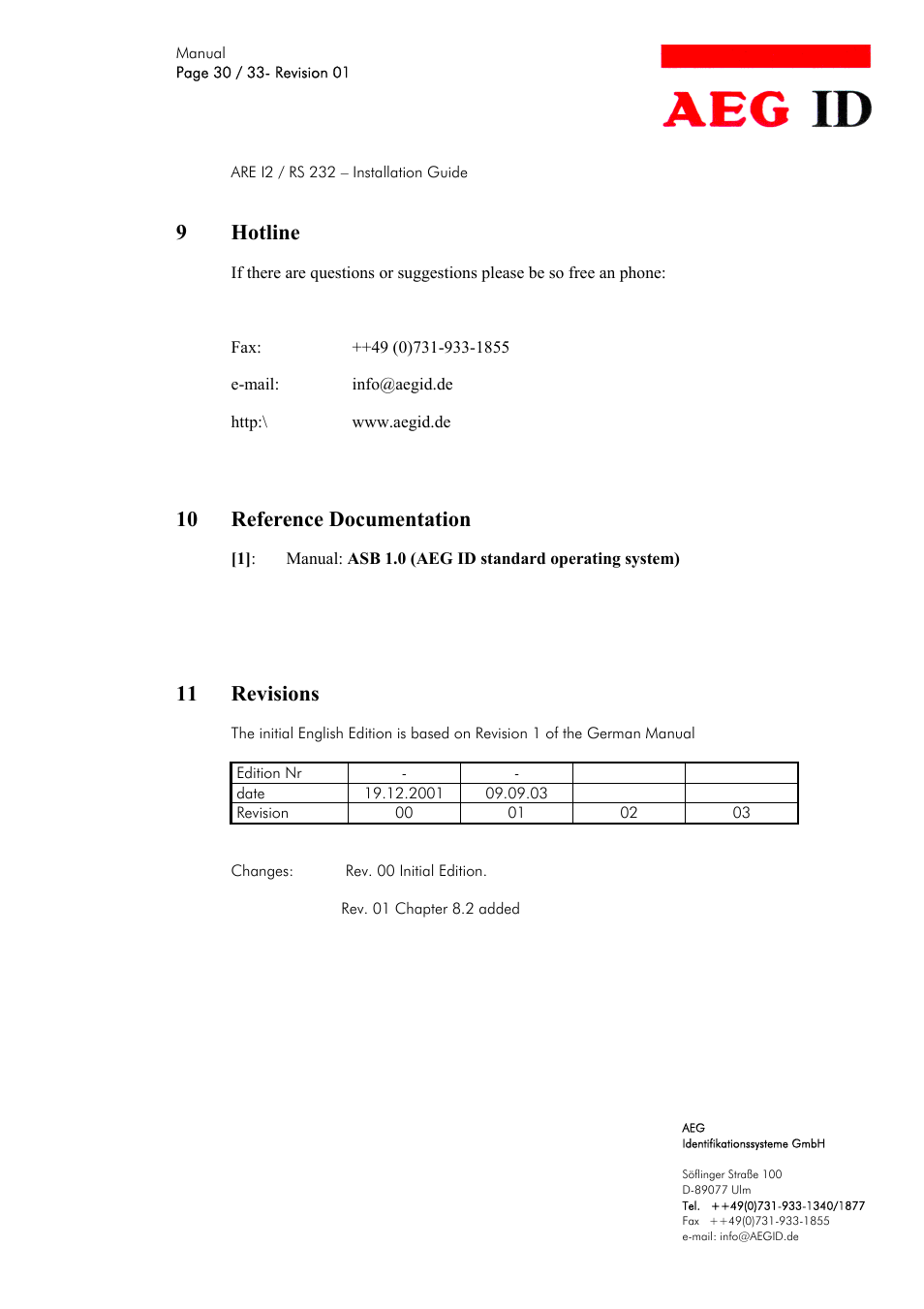 9hotline, 10 reference documentation, 11 revisions | AEG COMPACT READER ARE I2 User Manual | Page 30 / 33