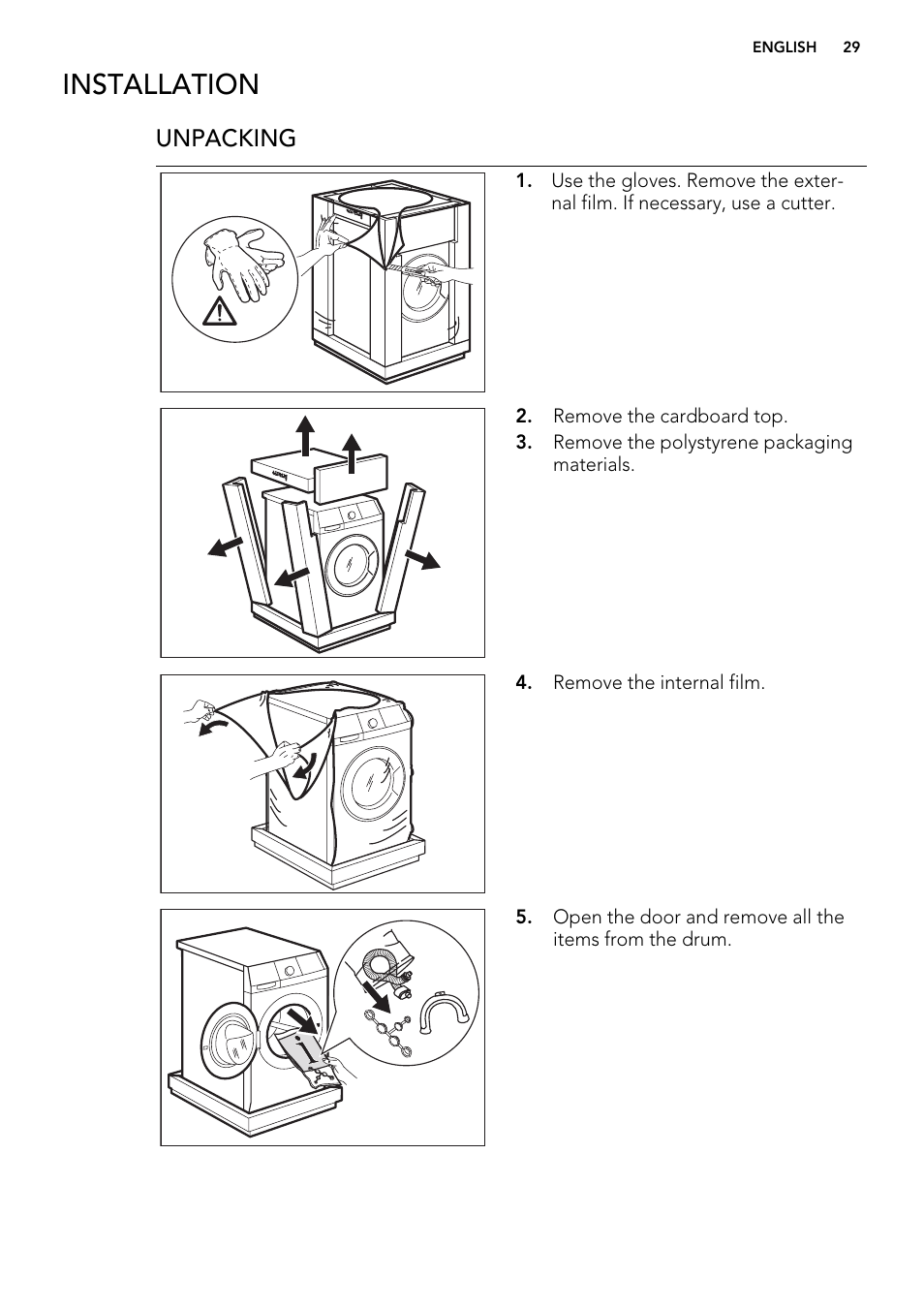 Installation, Unpacking | AEG L 60460 FL User Manual | Page 29 / 36