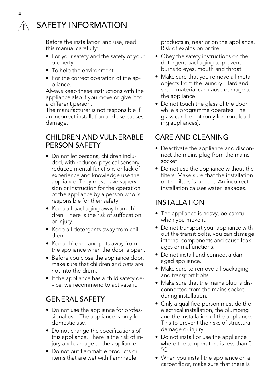 Safety information, Children and vulnerable person safety, General safety | Care and cleaning, Installation | AEG L 60460 FL User Manual | Page 4 / 36