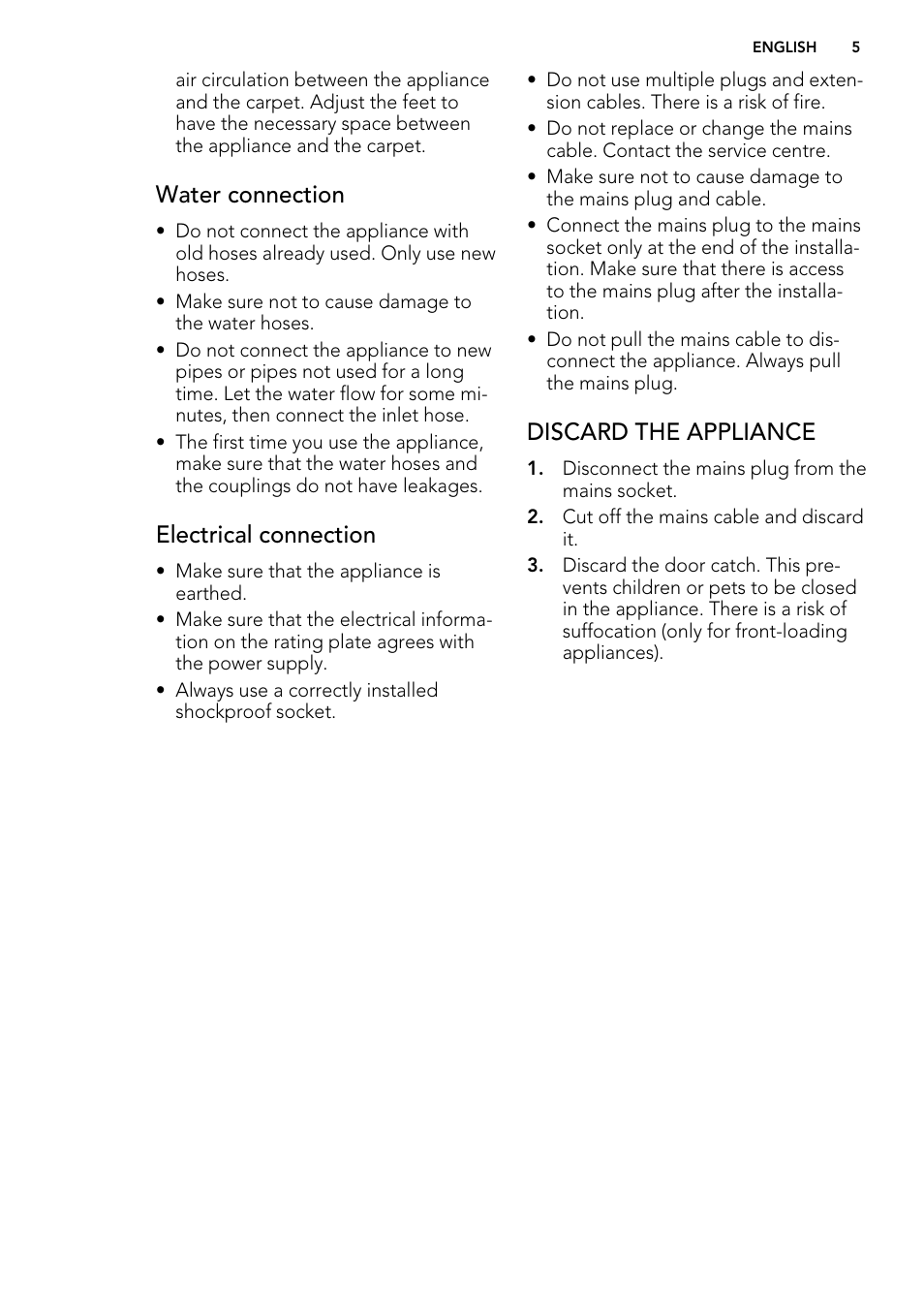 Water connection, Electrical connection, Discard the appliance | AEG L 60460 FL User Manual | Page 5 / 36