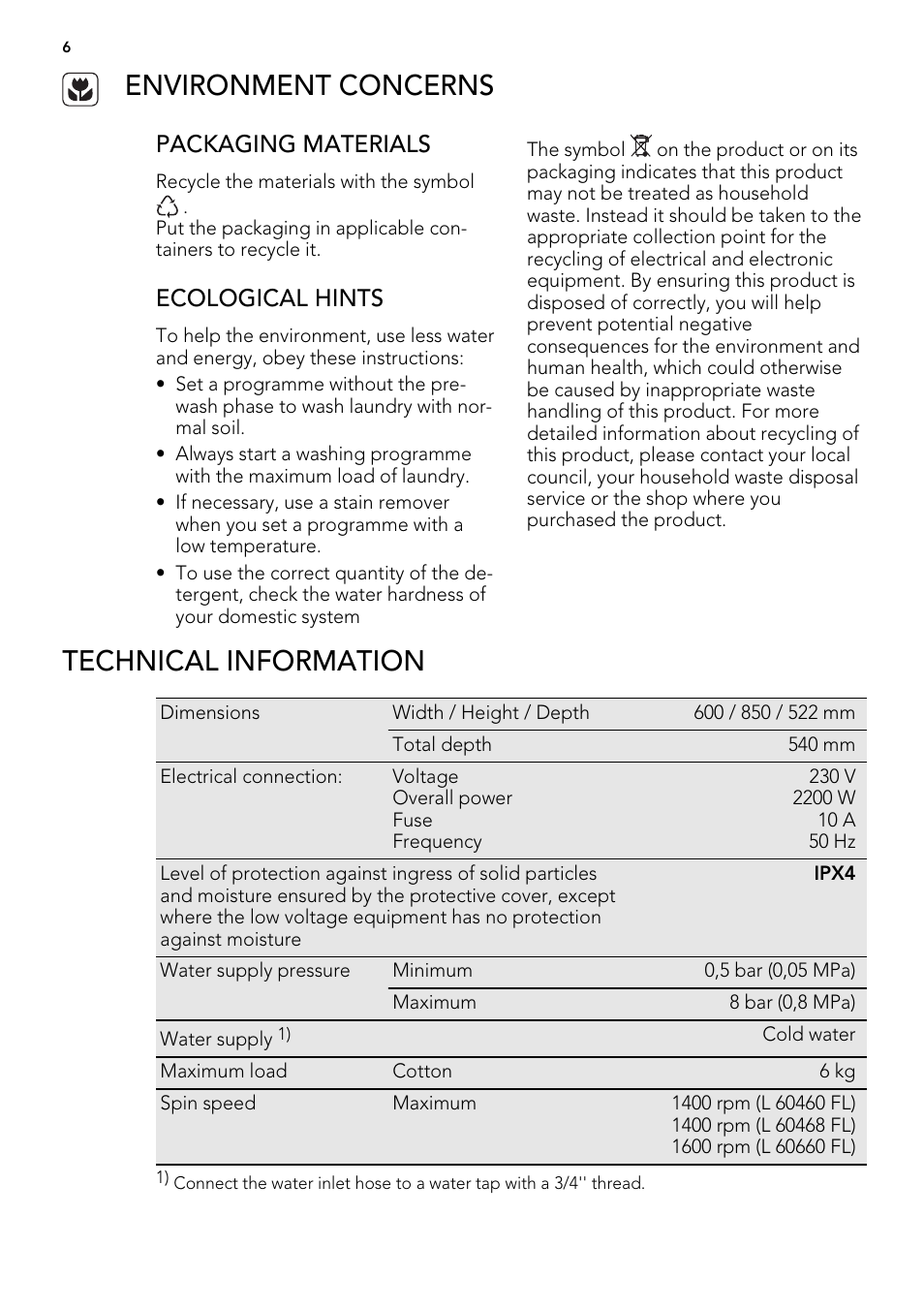 Environment concerns, Technical information, Packaging materials | Ecological hints | AEG L 60460 FL User Manual | Page 6 / 36