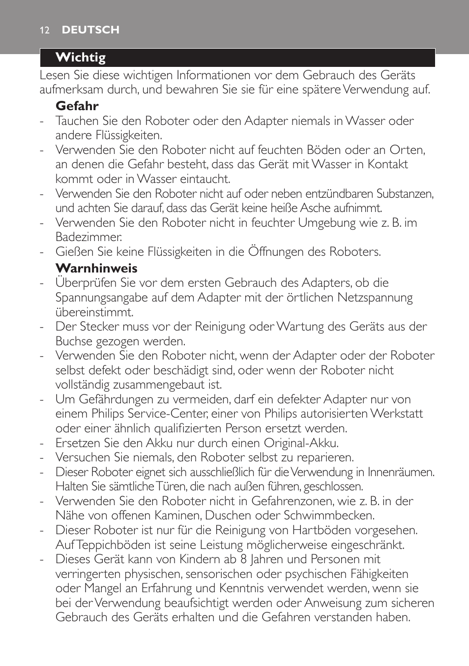 Deutsch, Deutsch 12 | Philips Robot aspirador User Manual | Page 12 / 52
