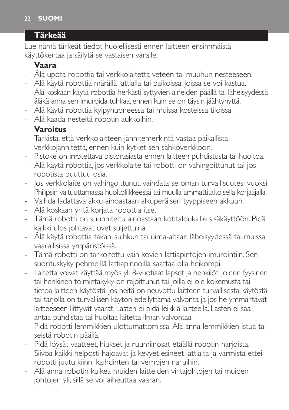 Suomi | Philips Robot aspirador User Manual | Page 22 / 52