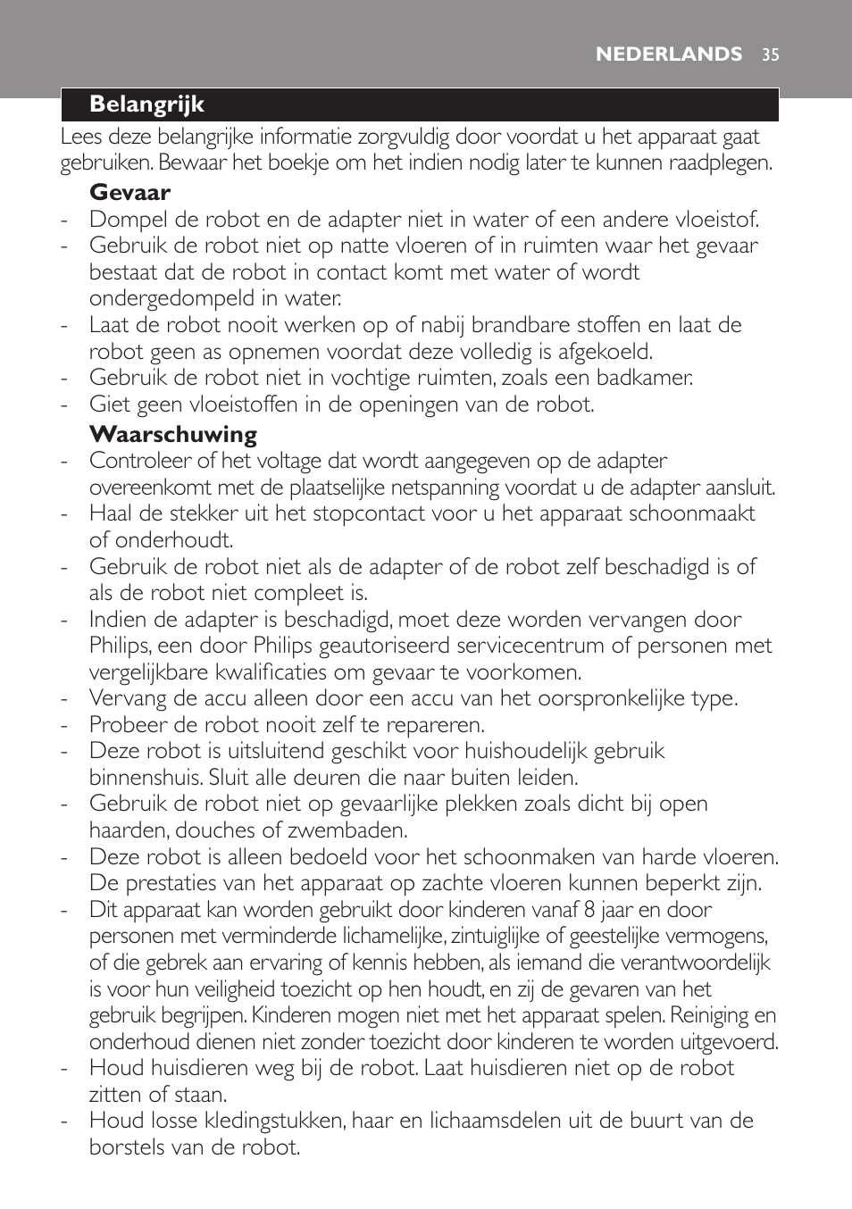 Nederlands, Nederlands 35 | Philips Robot aspirador User Manual | Page 35 / 52