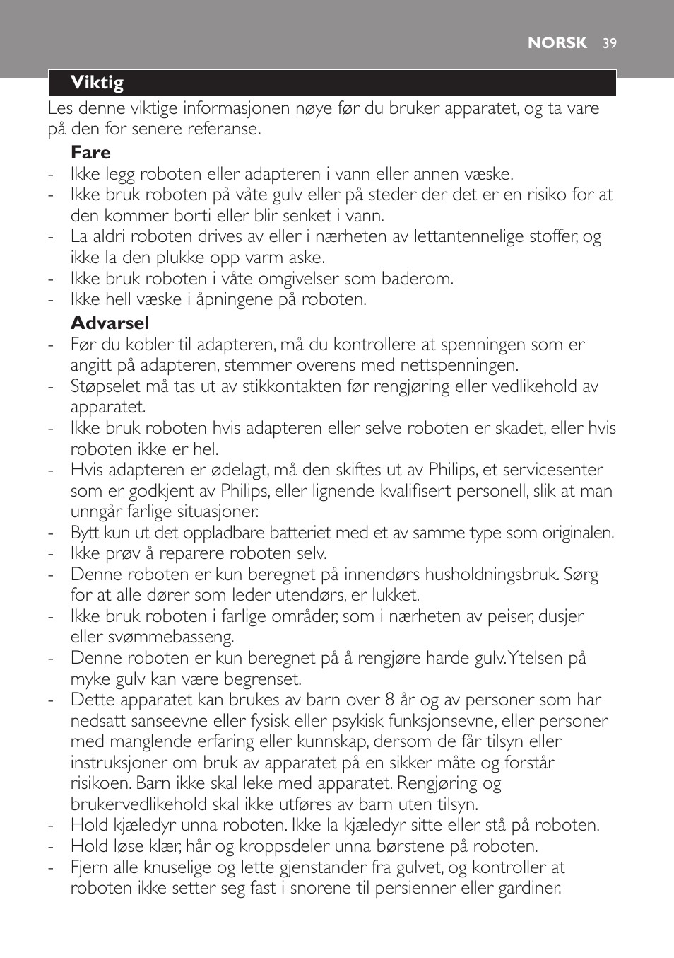 Norsk, Norsk 3 | Philips Robot aspirador User Manual | Page 39 / 52