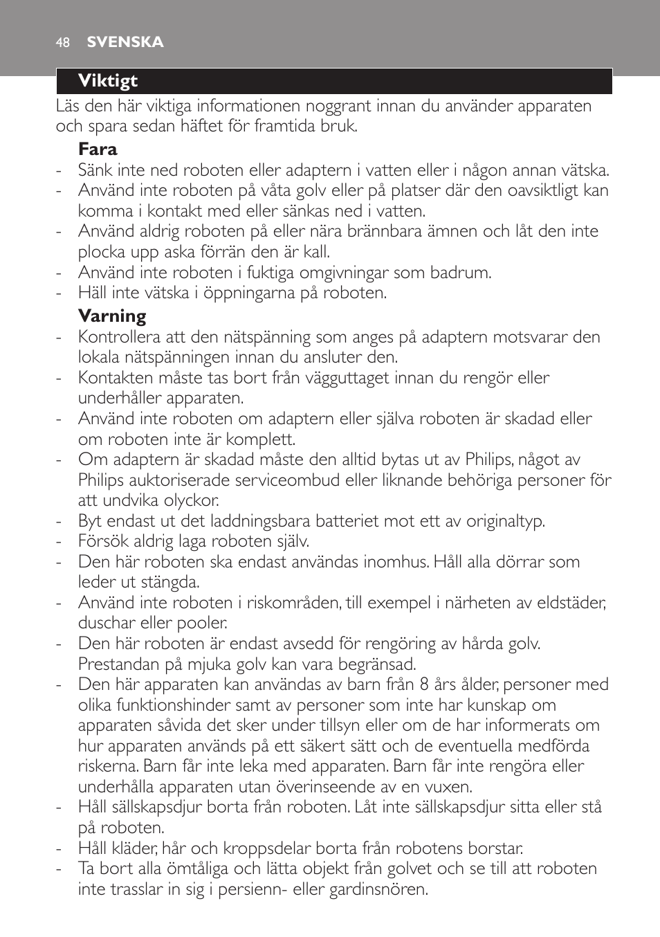 Svenska, Svenska 48 | Philips Robot aspirador User Manual | Page 48 / 52