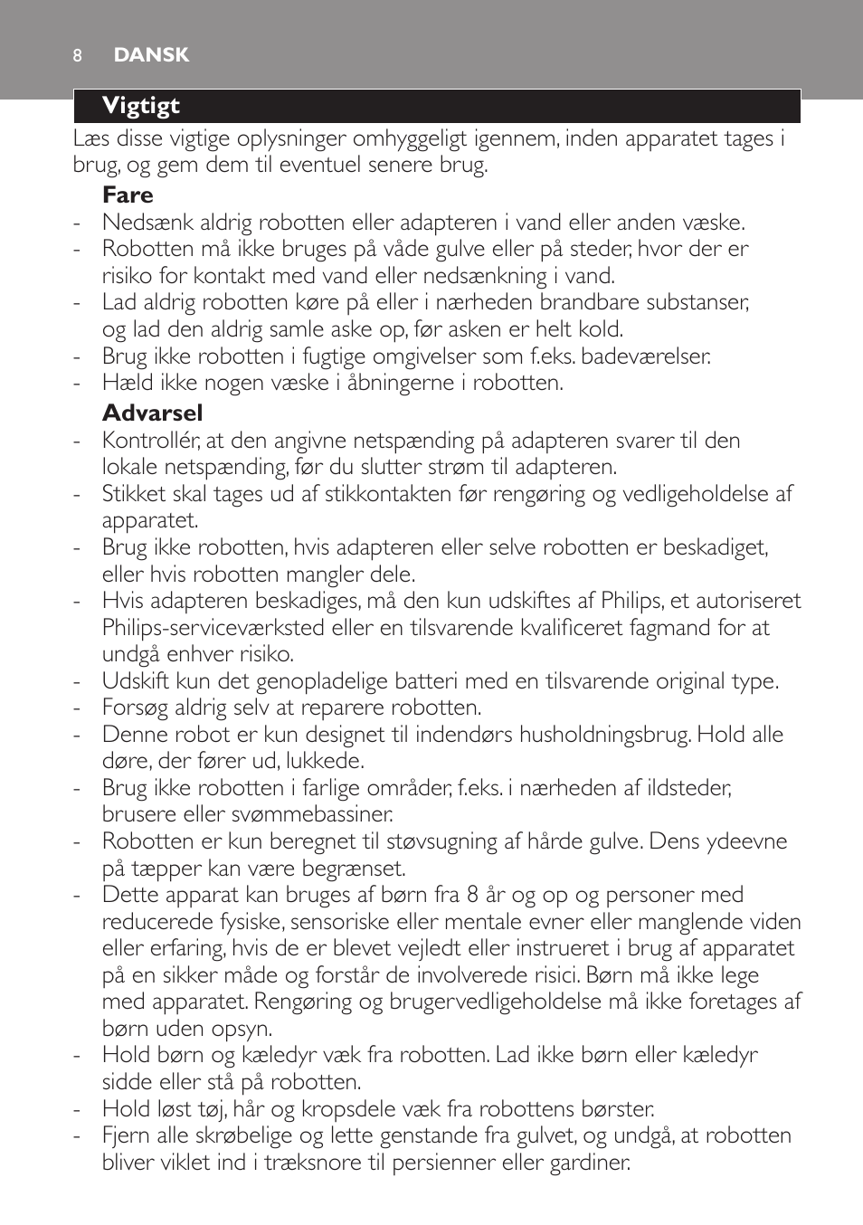 Dansk | Philips Robot aspirador User Manual | Page 8 / 52