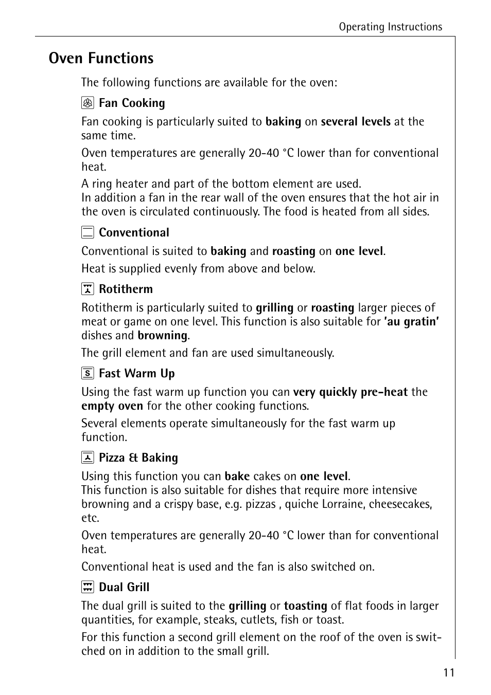 Oven functions | AEG COMPETENCE B 4100 User Manual | Page 11 / 60