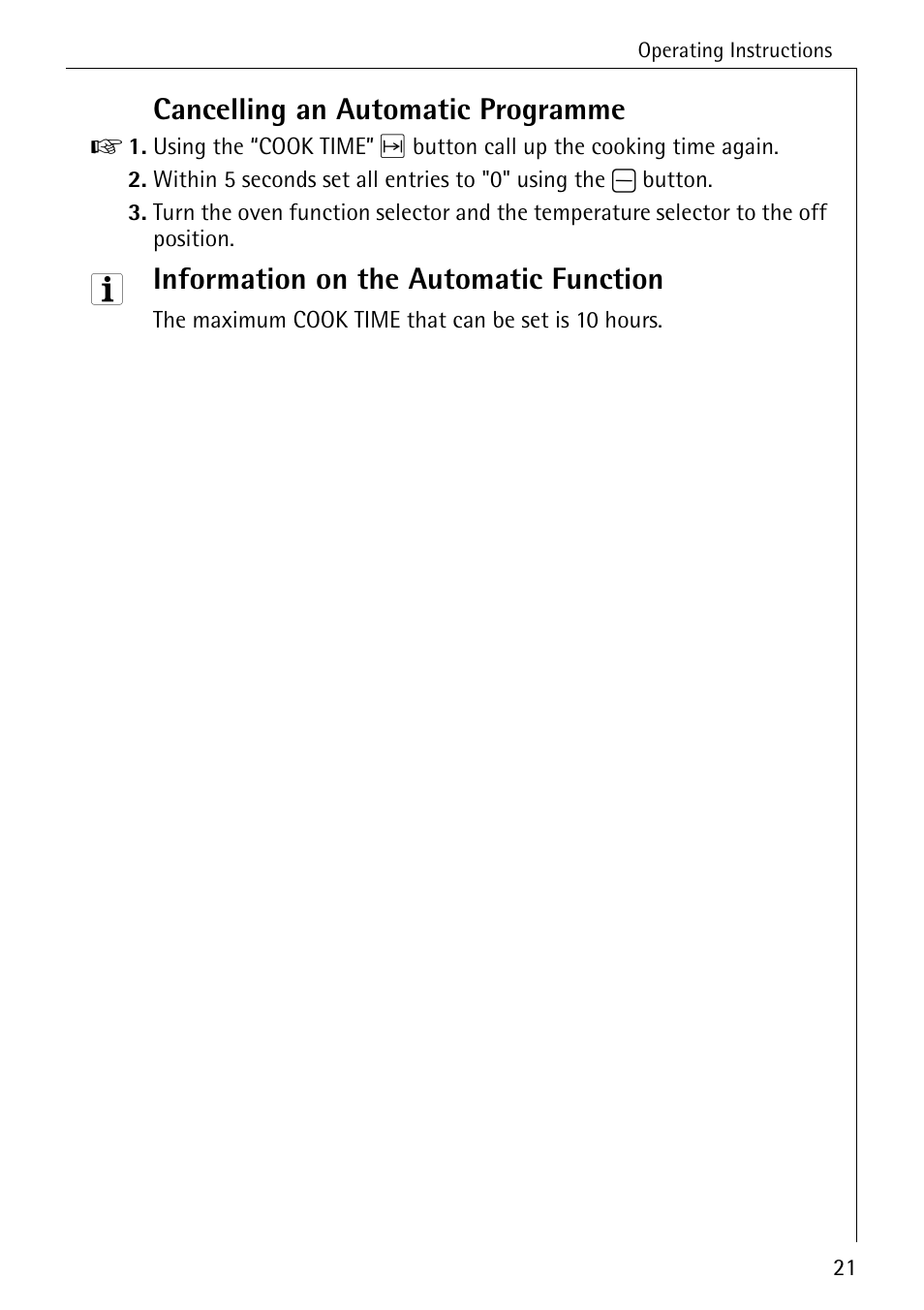 Cancelling an automatic programme, Information on the automatic function | AEG COMPETENCE B 4100 User Manual | Page 21 / 60