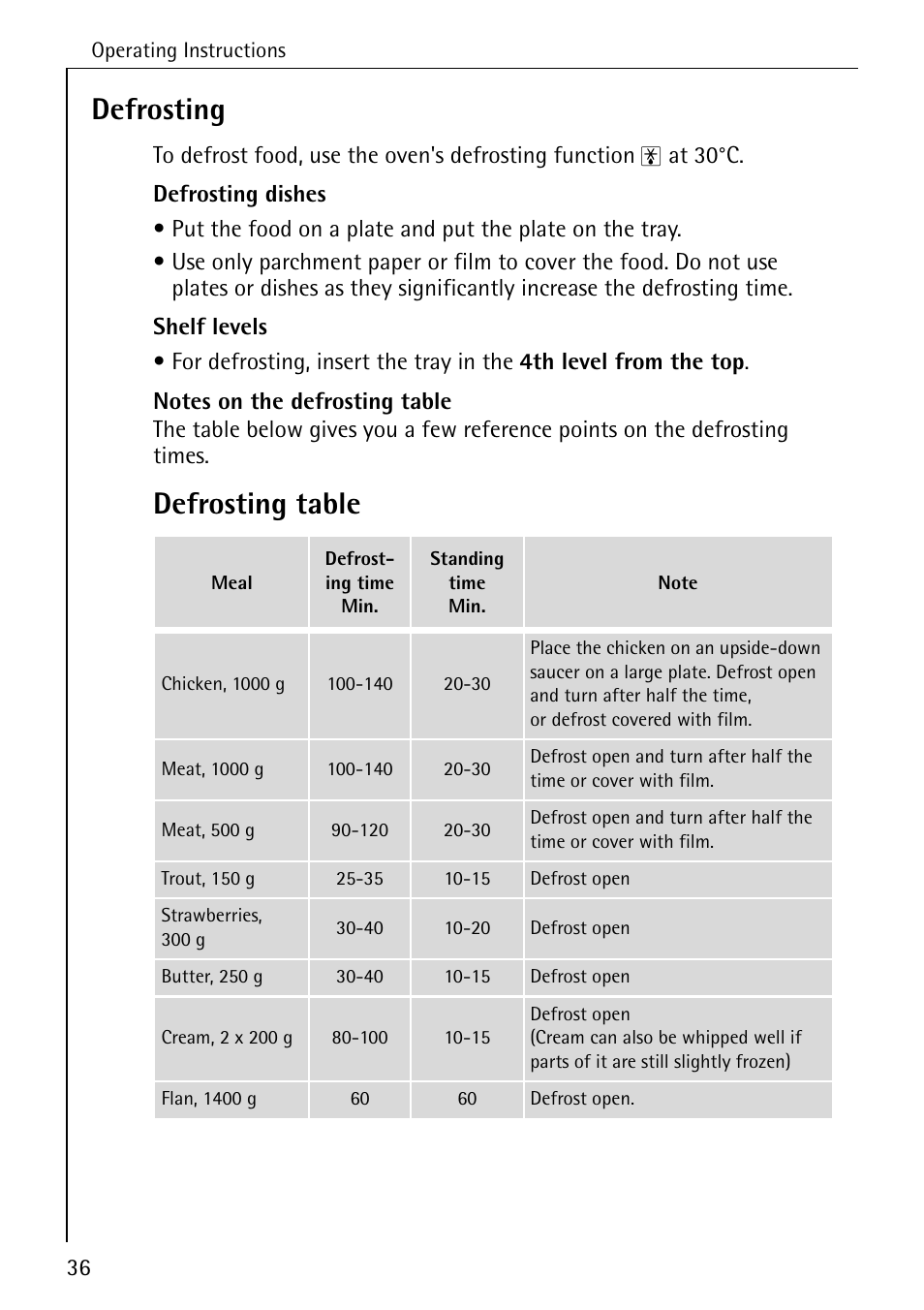 Defrosting, Defrosting table | AEG COMPETENCE B 4100 User Manual | Page 36 / 60