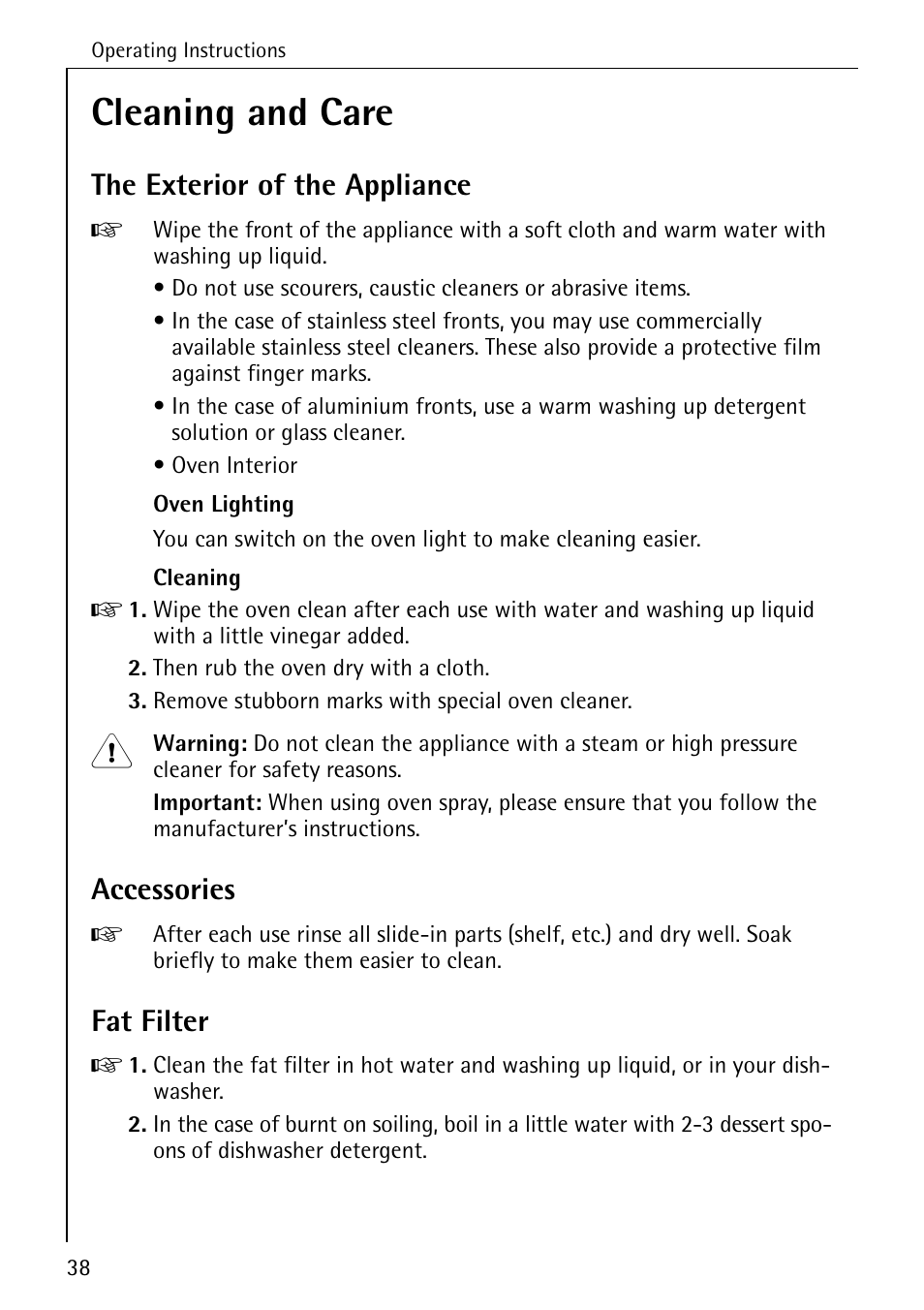 Cleaning and care, The exterior of the appliance, Accessories | Fat filter | AEG COMPETENCE B 4100 User Manual | Page 38 / 60