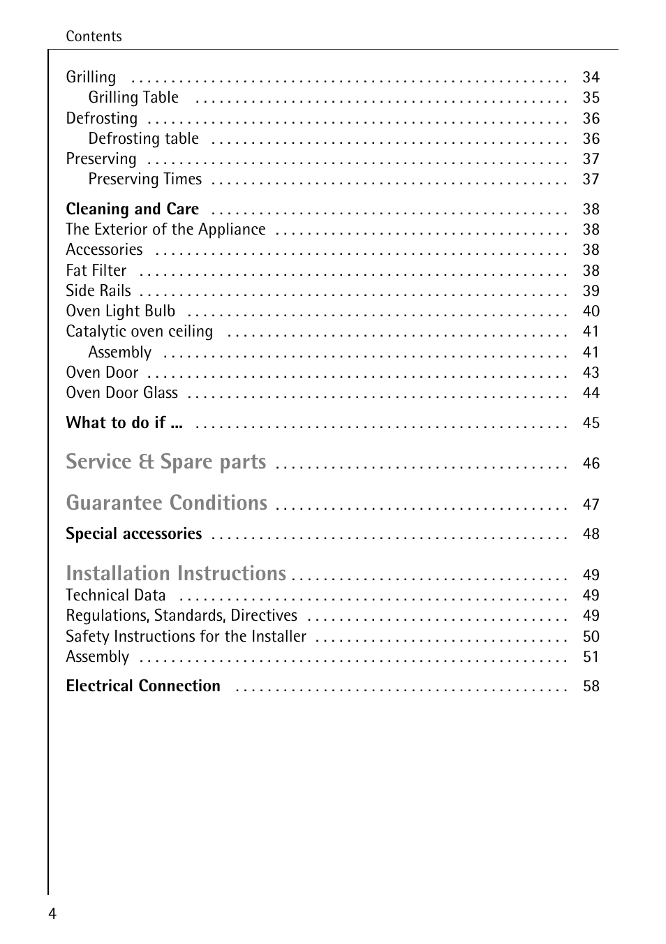 Service & spare parts, Guarantee conditions, Installation instructions | AEG COMPETENCE B 4100 User Manual | Page 4 / 60