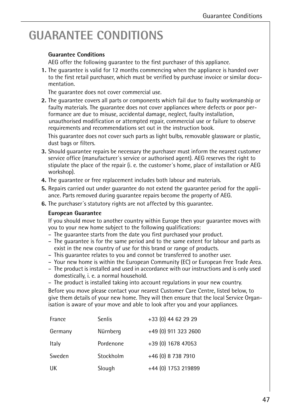 Guarantee conditions | AEG COMPETENCE B 4100 User Manual | Page 47 / 60