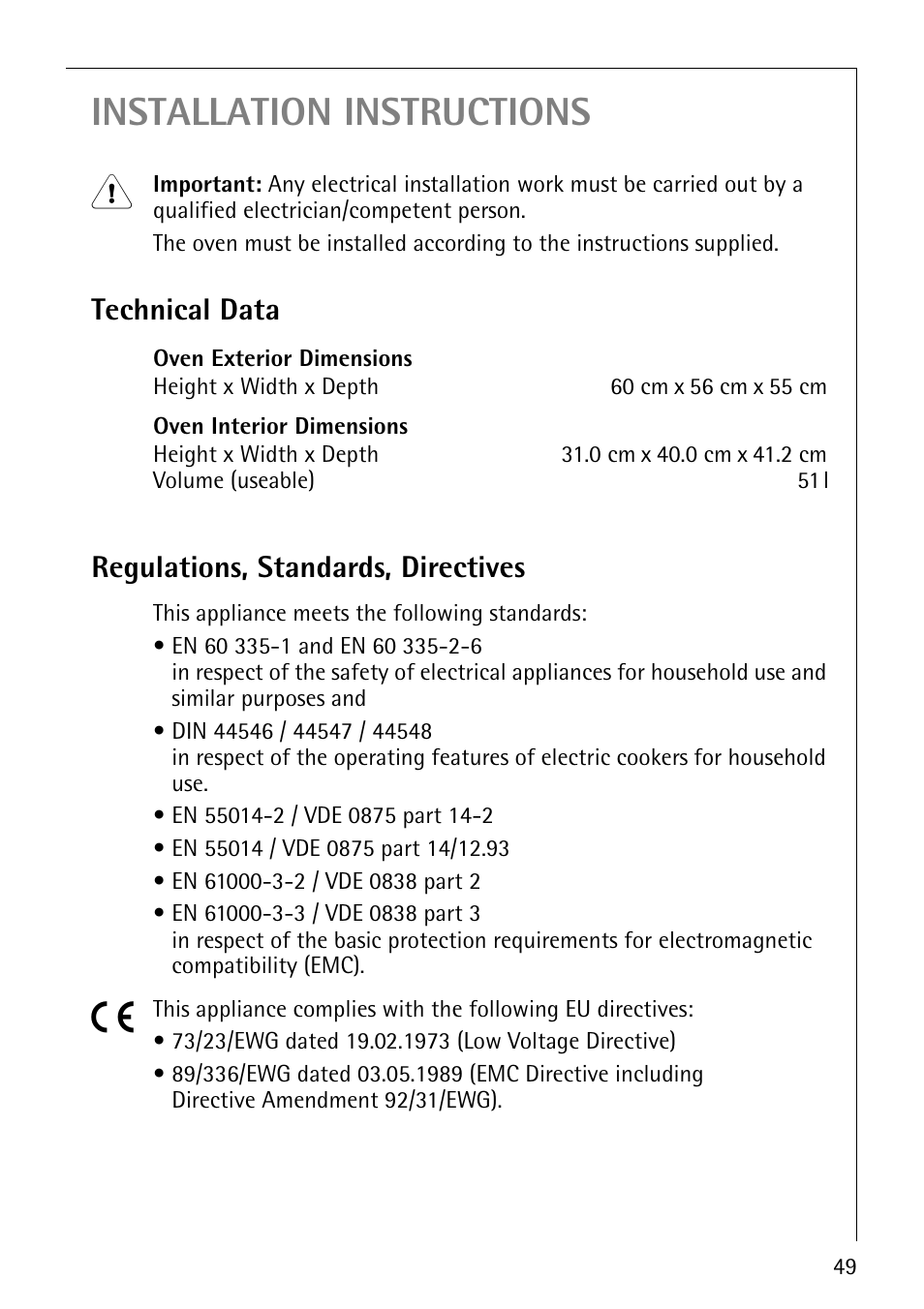 Installation instructions, Technical data, Regulations, standards, directives | AEG COMPETENCE B 4100 User Manual | Page 49 / 60