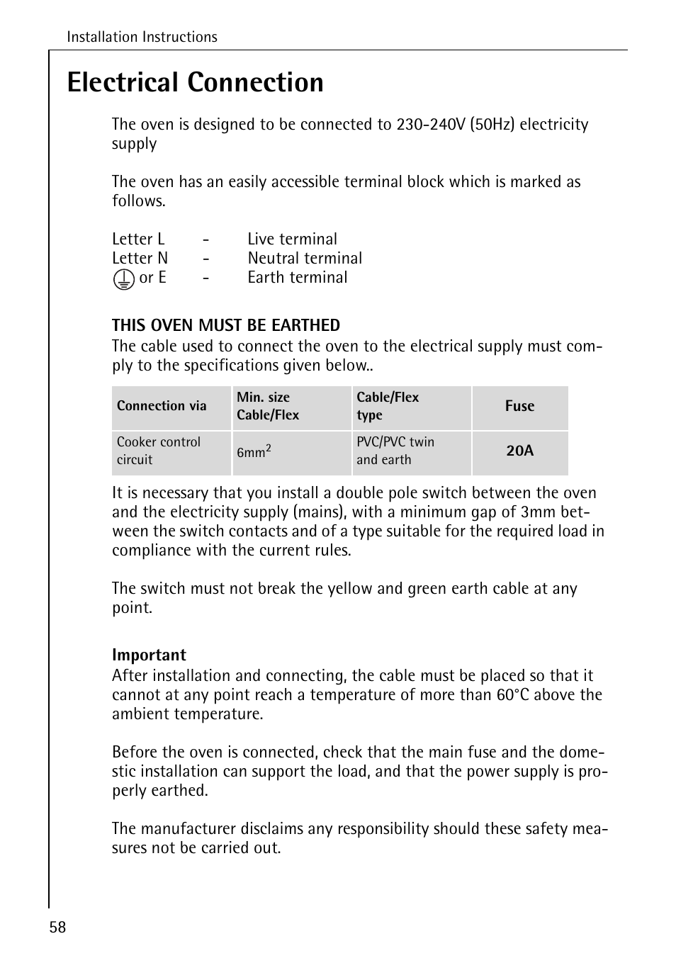 Electrical connection | AEG COMPETENCE B 4100 User Manual | Page 58 / 60