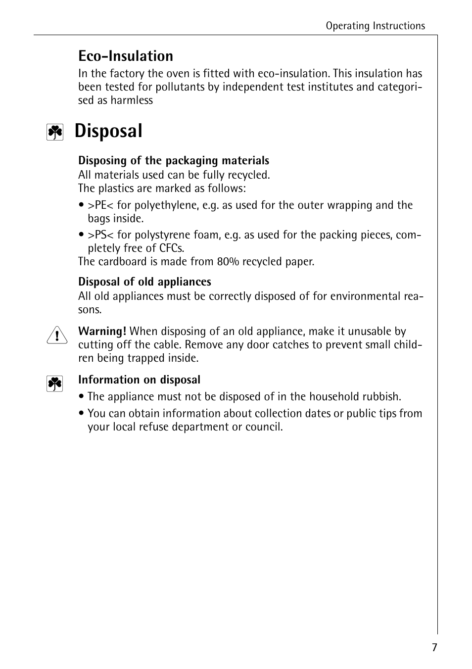 Disposal, Eco-insulation | AEG COMPETENCE B 4100 User Manual | Page 7 / 60