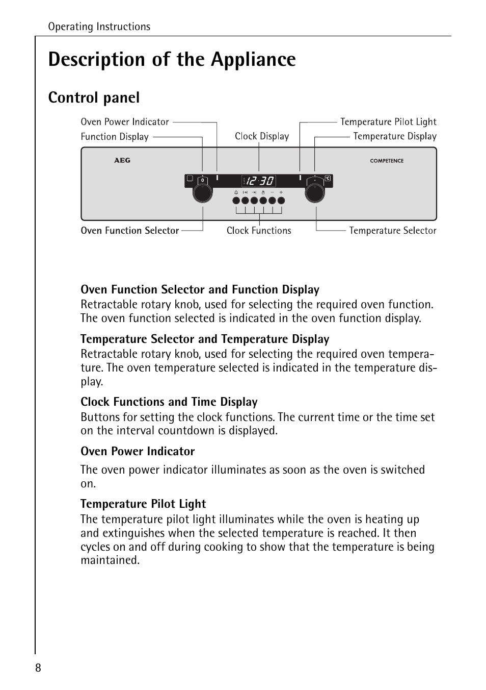 Description of the appliance, Control panel | AEG COMPETENCE B 4100 User Manual | Page 8 / 60