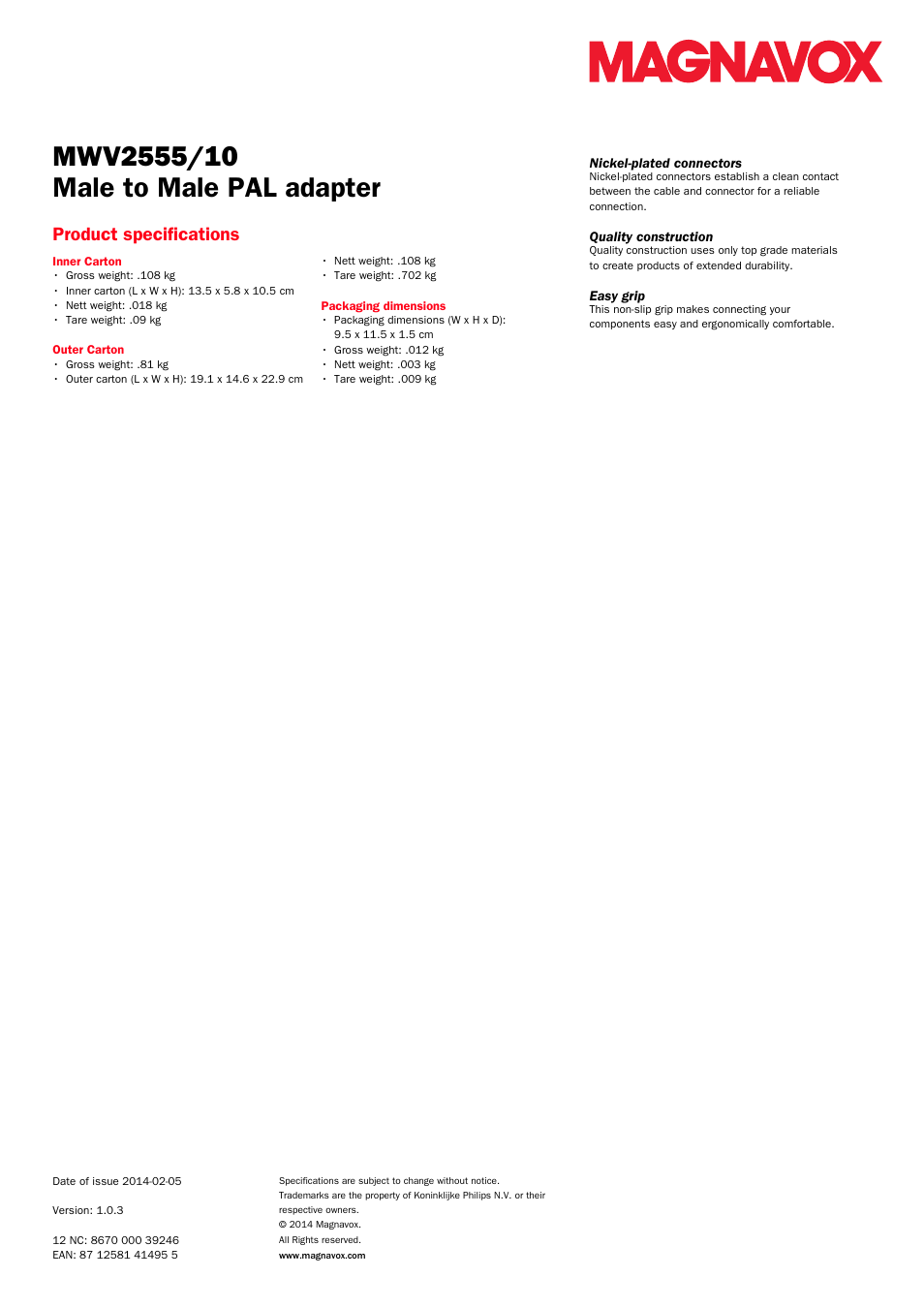 Male to male pal adapter, Product specifications | Philips Magnavox Adaptador PAL macho-macho User Manual | Page 2 / 2