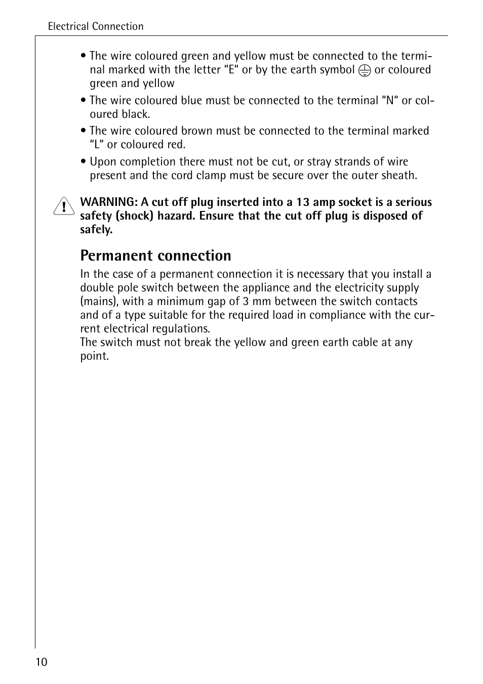 Permanent connection | AEG LAVATHERM 33600 User Manual | Page 10 / 40