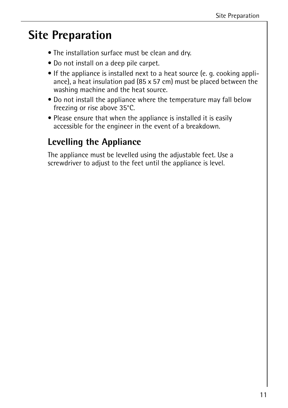 Site preparation, Levelling the appliance | AEG LAVATHERM 33600 User Manual | Page 11 / 40