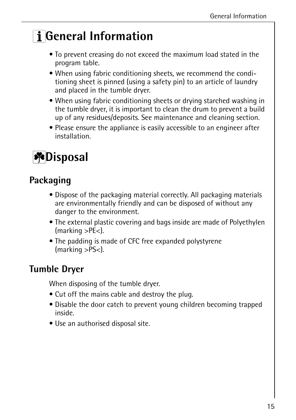 3 general information, 2 disposal, Packaging | Tumble dryer | AEG LAVATHERM 33600 User Manual | Page 15 / 40